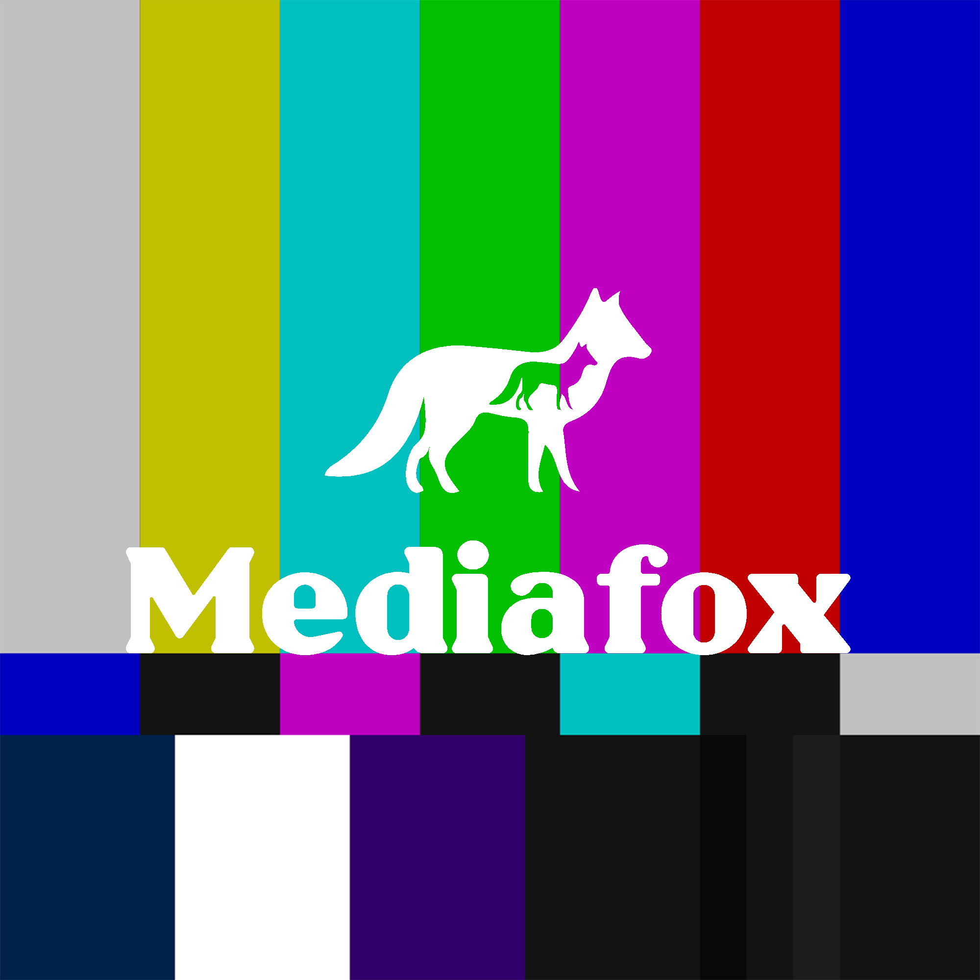 MediaFox-logo over de kleuren van een televisietestbeeld